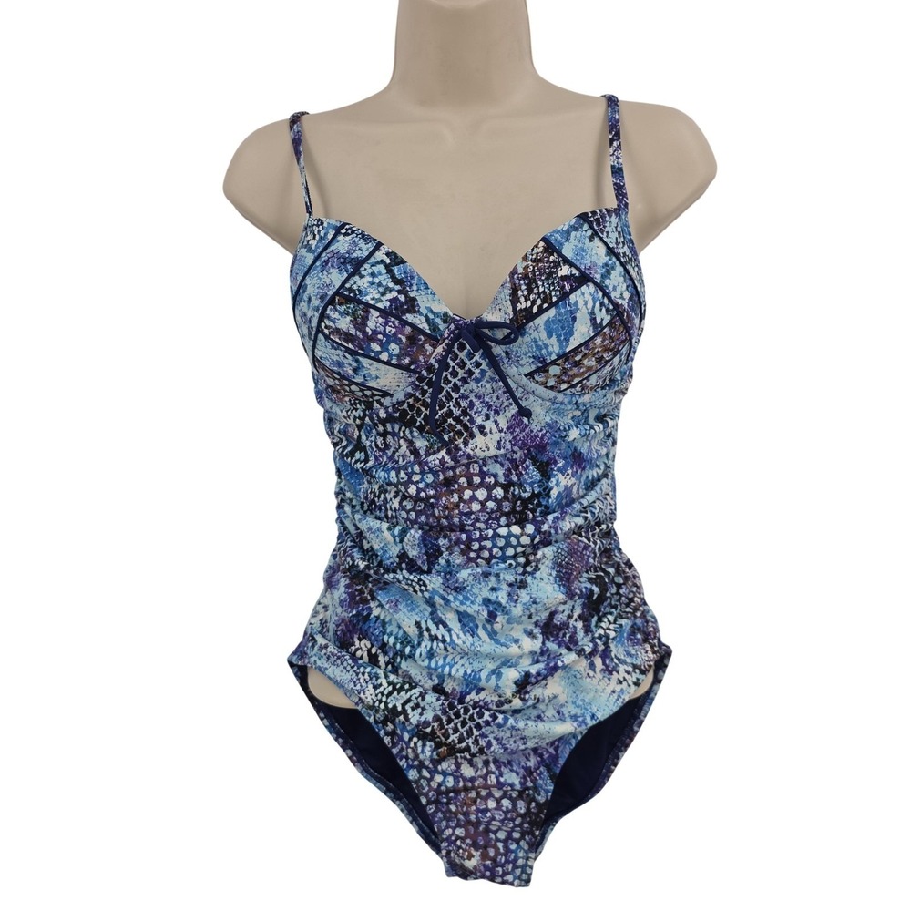 Spanx Swimsuit Womens 6B/C Blue Animal Print One Piece Ruched Shaping Swimwear